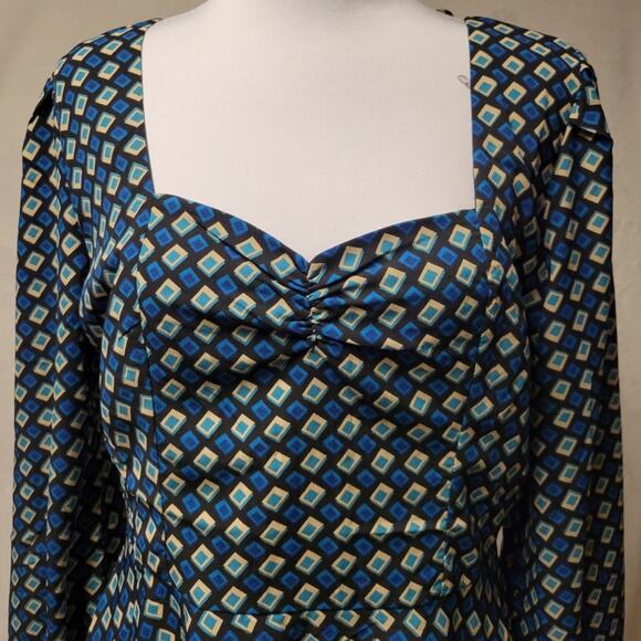 NWT Band of the Free Genevieve Teal Diamond Long Sleeve Mini Dress Mod 60's Vibe - Picture 2 of 10